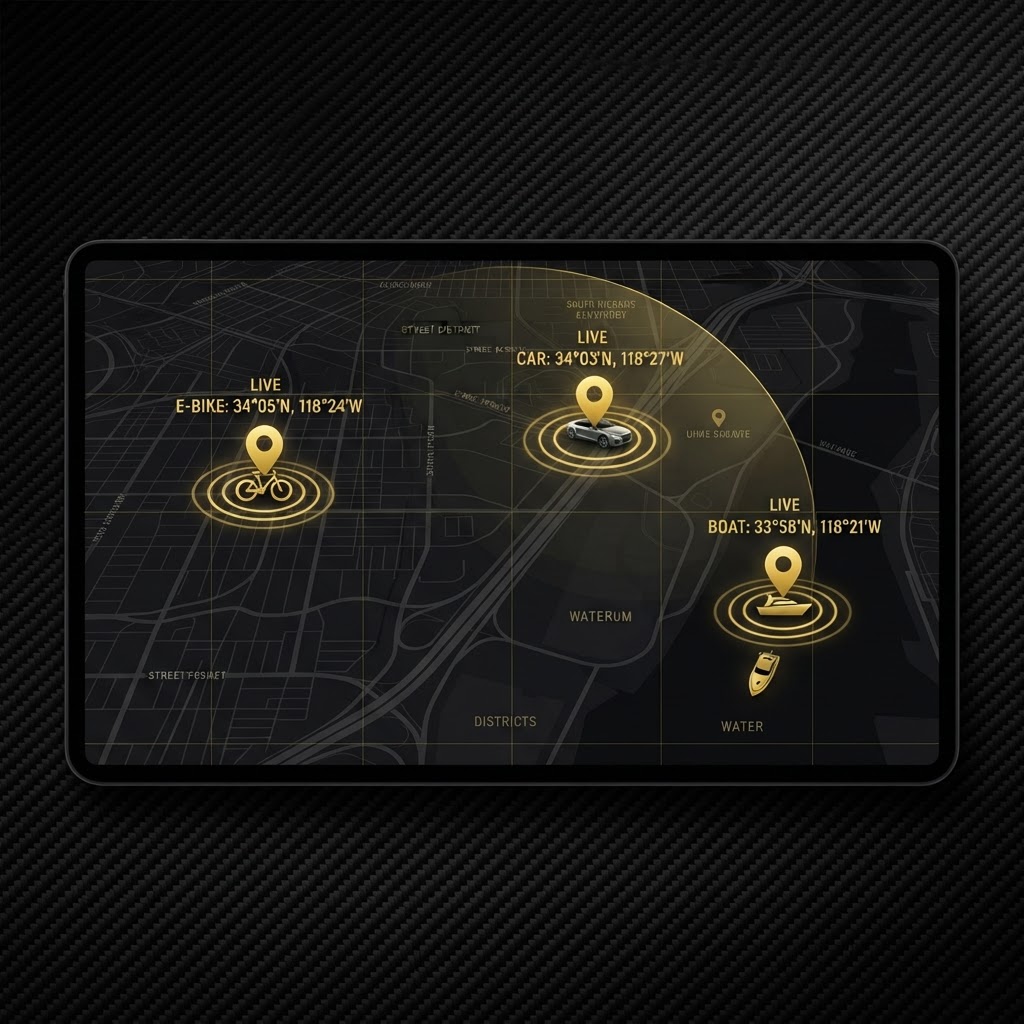 Live GPS map tracking a bike, car and boat — all protected by G-Lock Ride